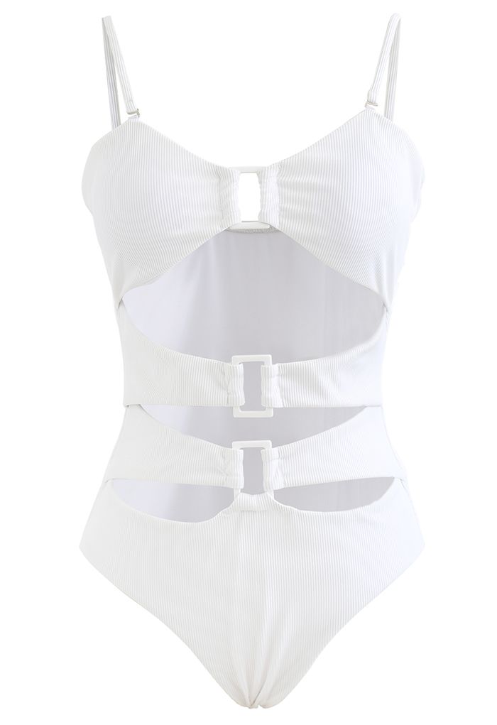 White Buckle Cutout Ribbed Swimsuit