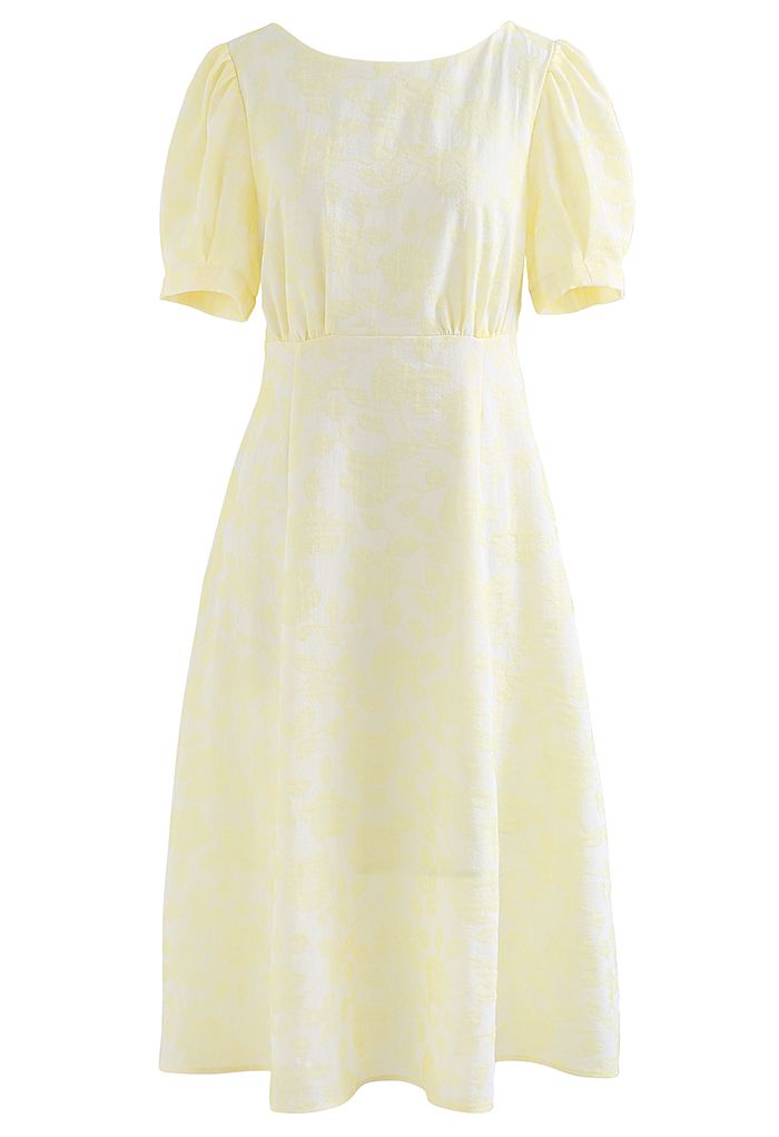 Shirred Cutout Back Blossom Jacquard Dress in Yellow