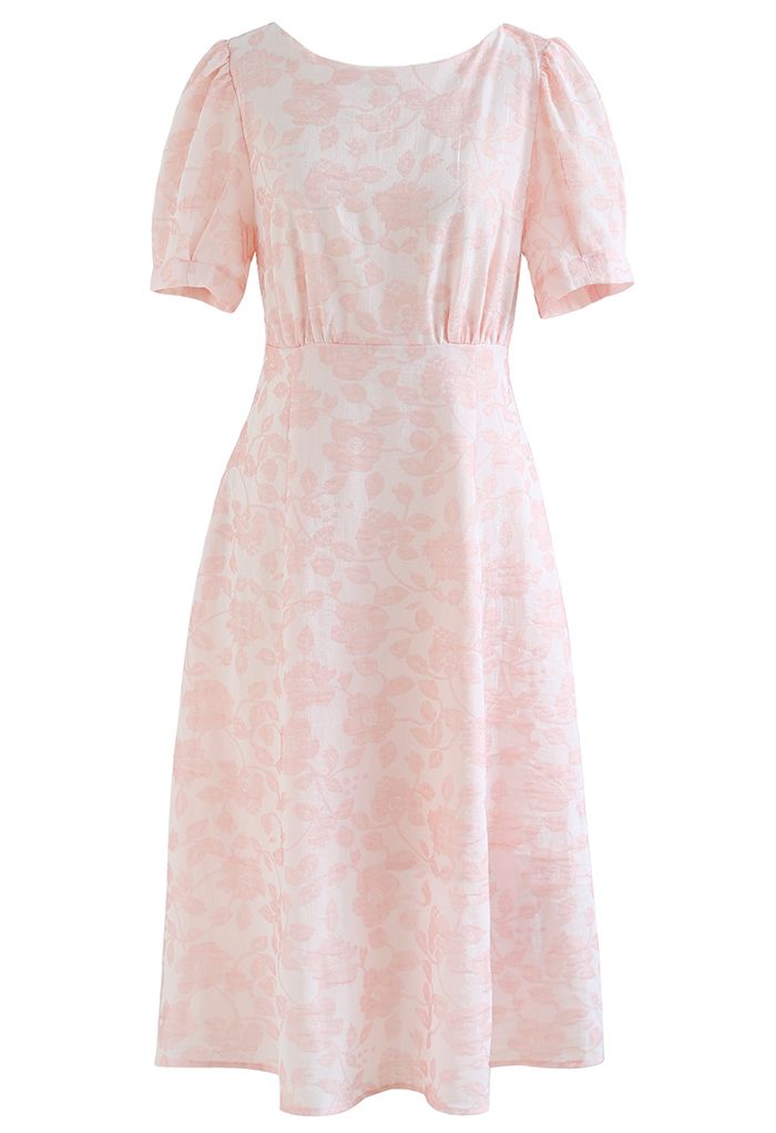 Shirred Cutout Back Blossom Jacquard Dress in Pink