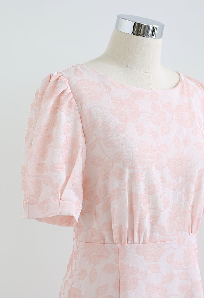 Shirred Cutout Back Blossom Jacquard Dress in Pink