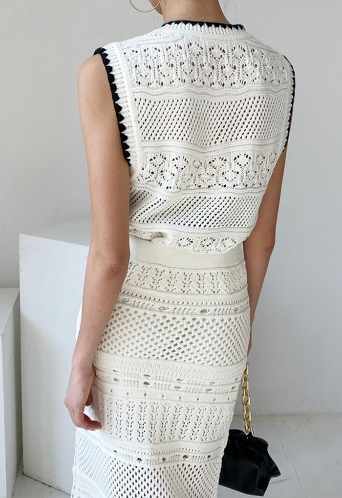 Hollow Out Knit Vest and Tassel Hem Skirt Set