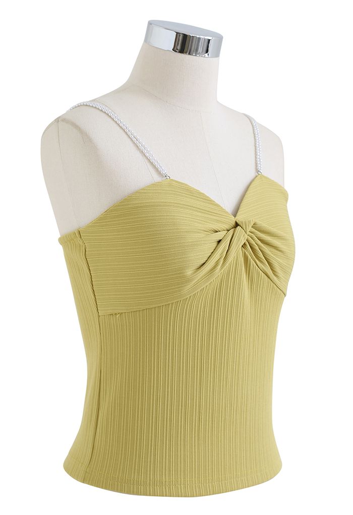 Twisted Front Pearly Straps Crop Tank Top in Lime