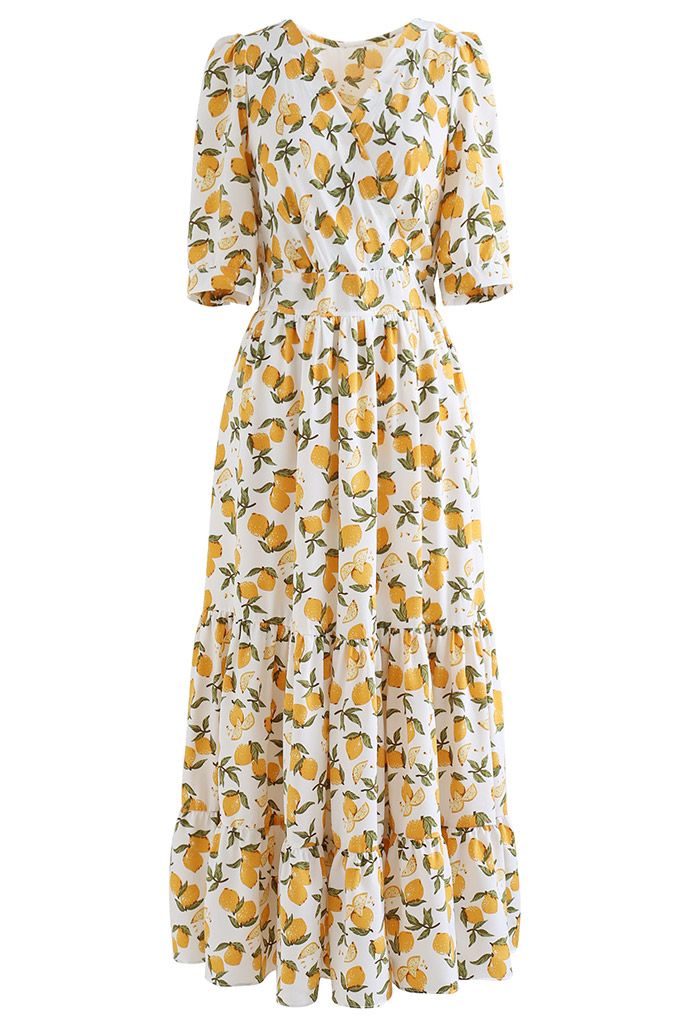 Summer Lemon Print Frilling Wrapped Dress