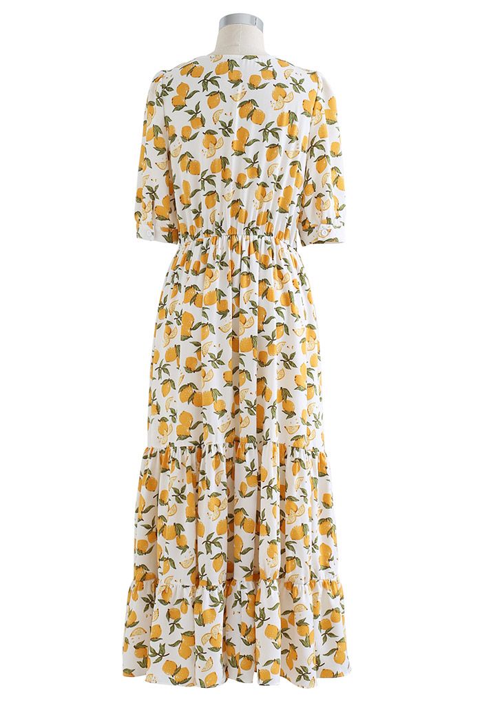 Summer Lemon Print Frilling Wrapped Dress