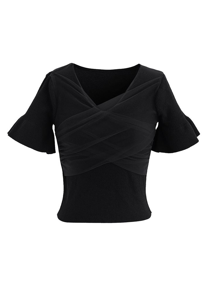 Cross Mesh Flare Cuff Crop Knit Top in Black