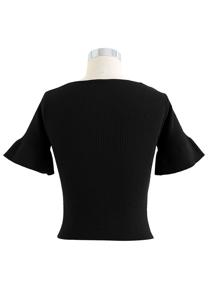 Cross Mesh Flare Cuff Crop Knit Top in Black