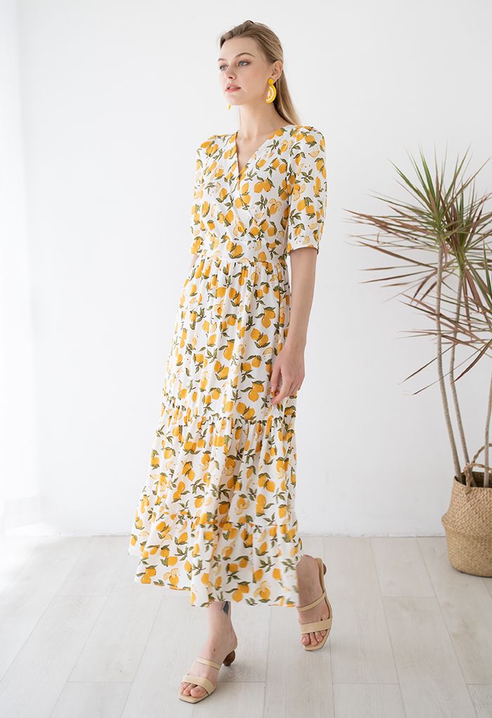 Summer Lemon Print Frilling Wrapped Dress