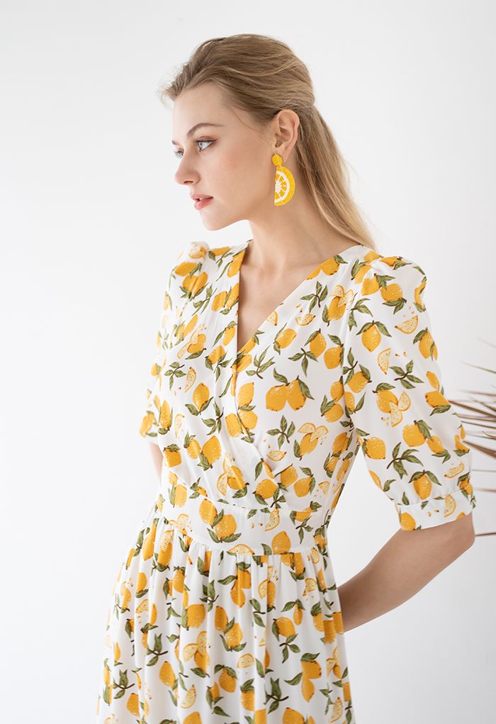 Summer Lemon Print Frilling Wrapped Dress