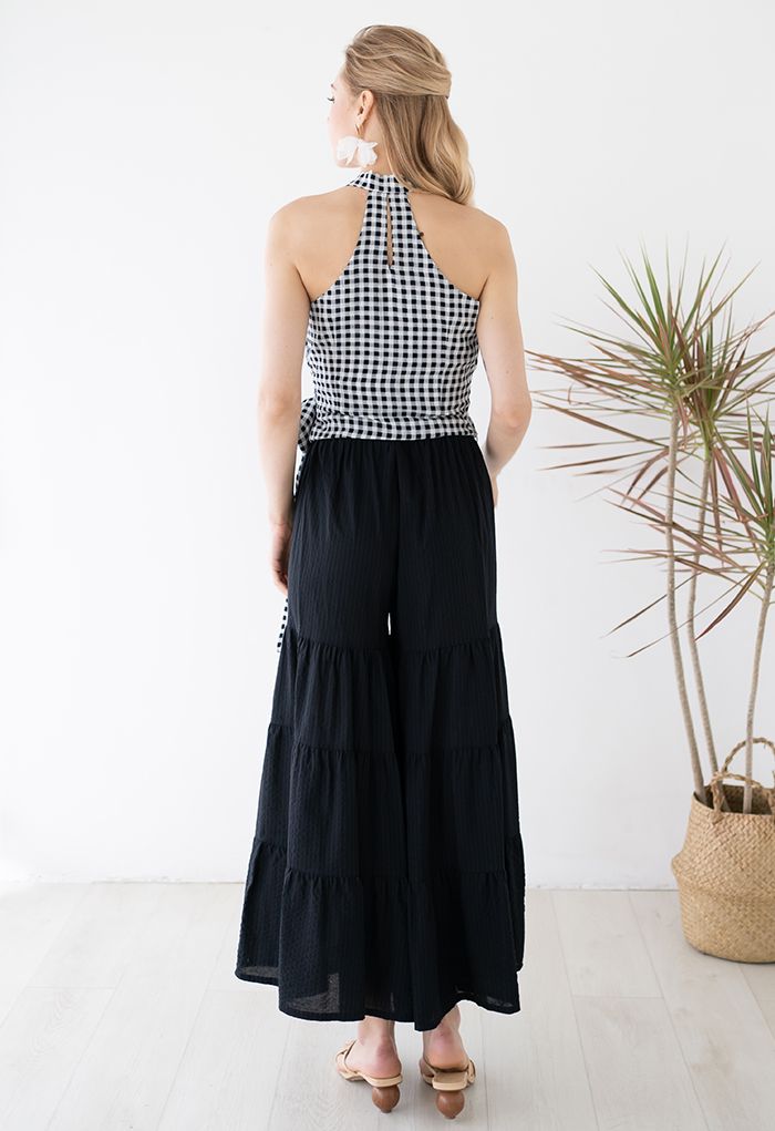 Embossed Gingham Tie-Waist Halter Crop Top in Black