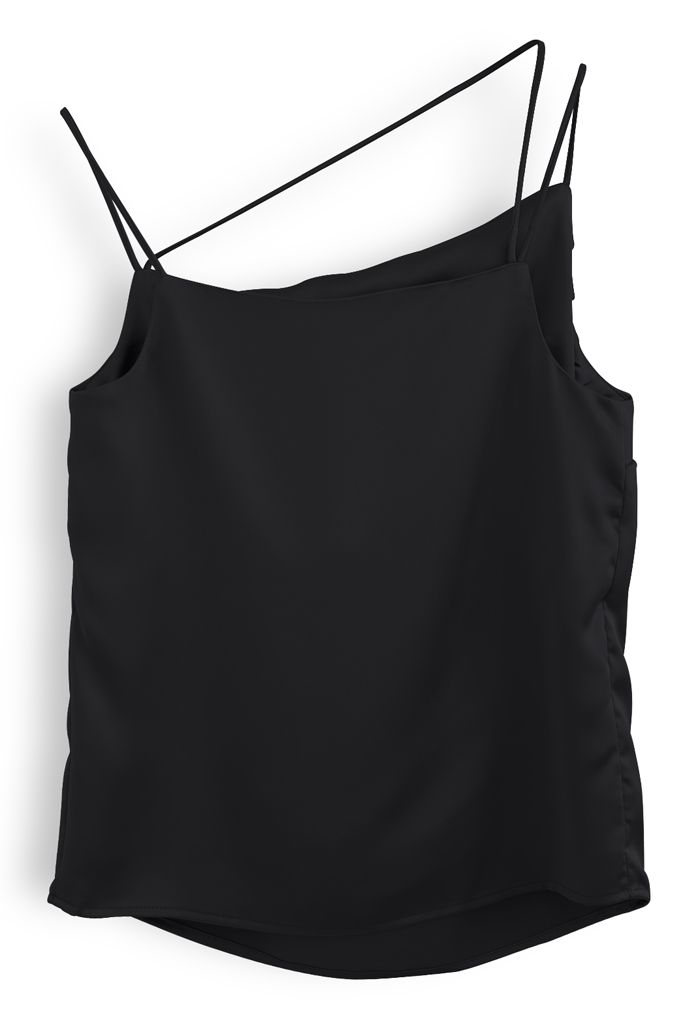 Triple Strings Cowl Neck Satin Tank Top in Black