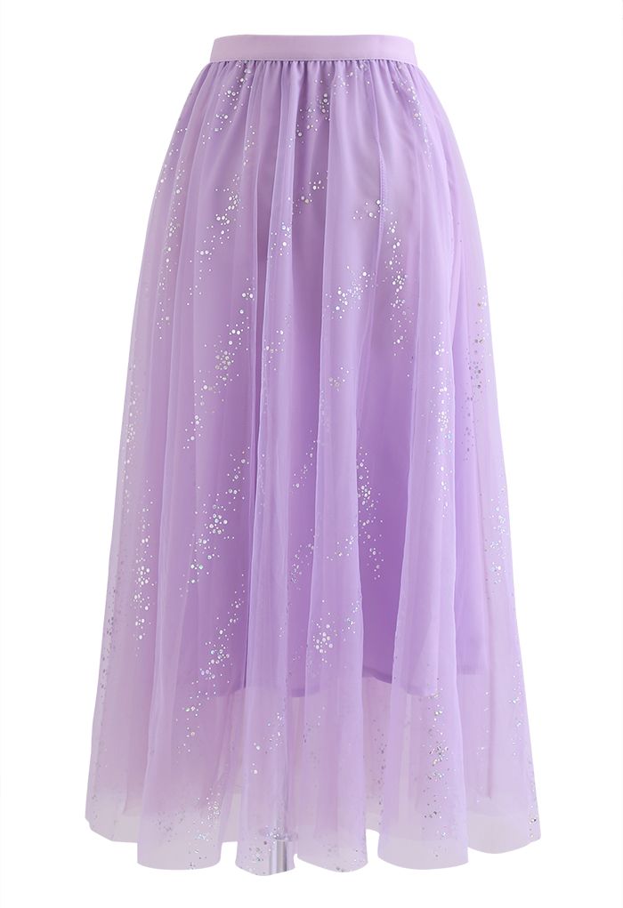 Shimmery Sequin Mix-Color Mesh Maxi Skirt in Lilac