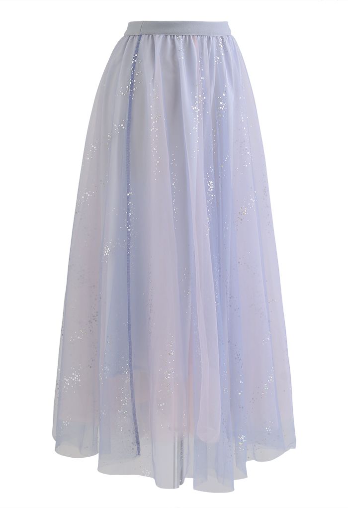 Shimmery Sequin Mix-Color Mesh Maxi Skirt in Blue