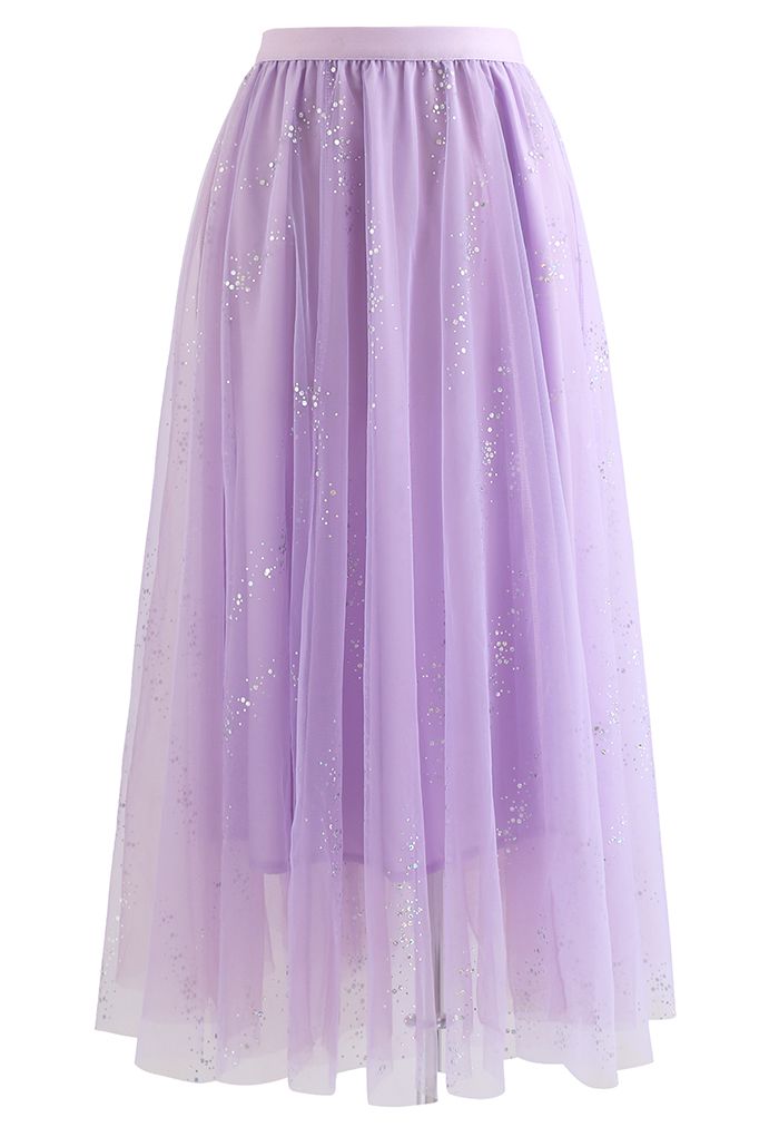 Shimmery Sequin Mix-Color Mesh Maxi Skirt in Lilac