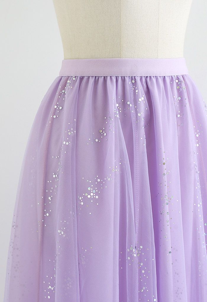 Shimmery Sequin Mix-Color Mesh Maxi Skirt in Lilac