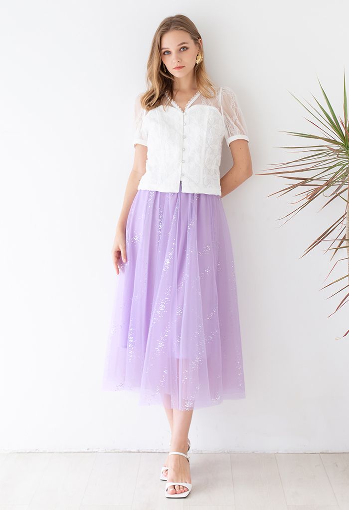 Shimmery Sequin Mix-Color Mesh Maxi Skirt in Lilac