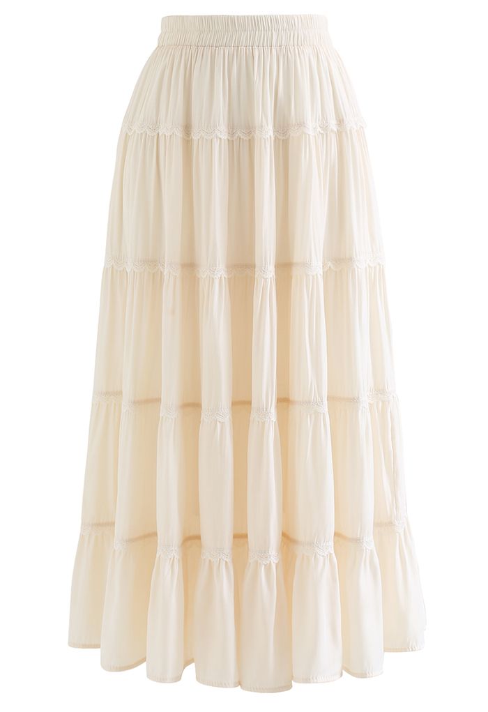 Scalloped Lace Pleated Frilling Midi Skirt in Cream