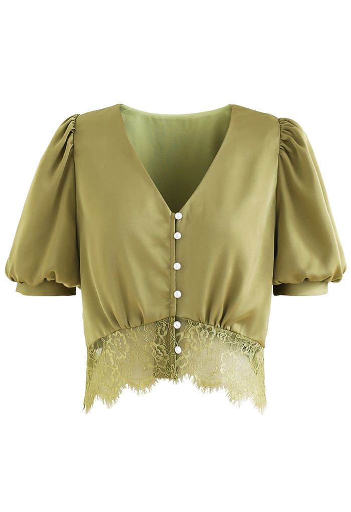 Lacy Waist V-Neck Satin Top in Olive