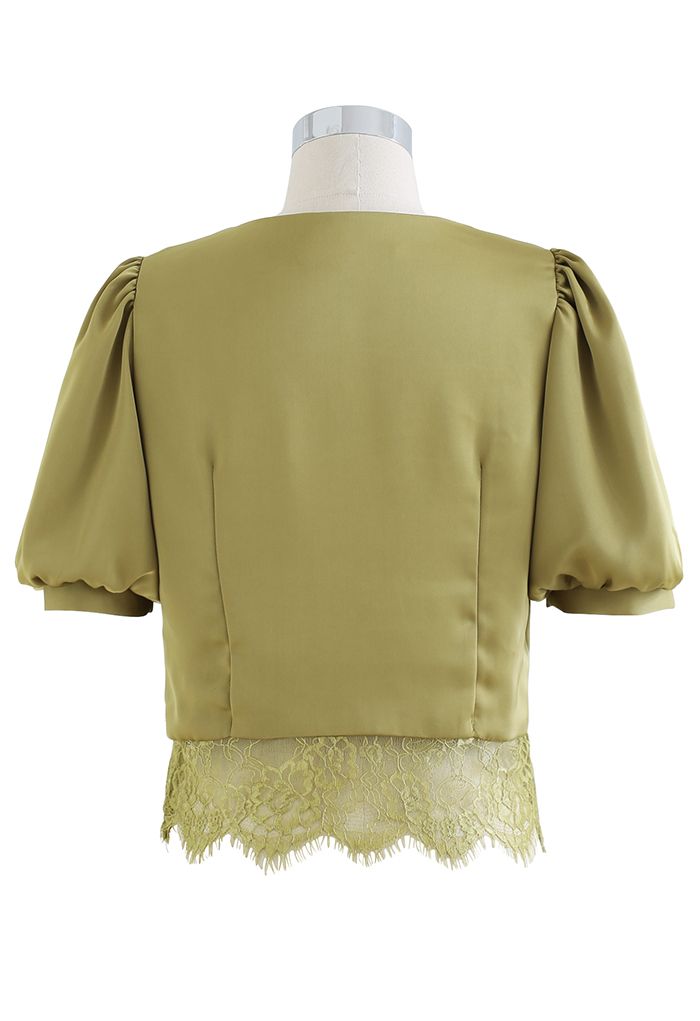 Lacy Waist V-Neck Satin Top in Olive