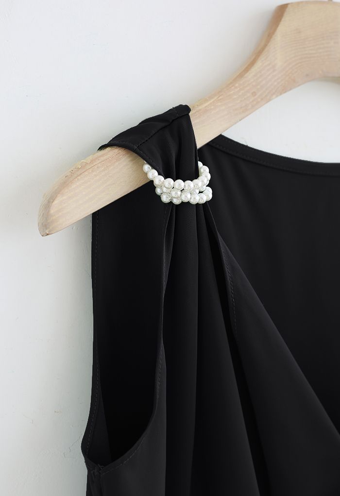 Pearl Decorated Ruffle Neck Sleeveless Top in Black