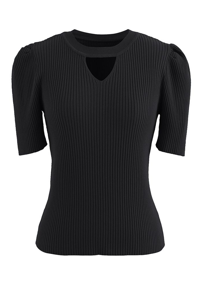 Triangle Cutout Short Sleeve Knit Top in Black