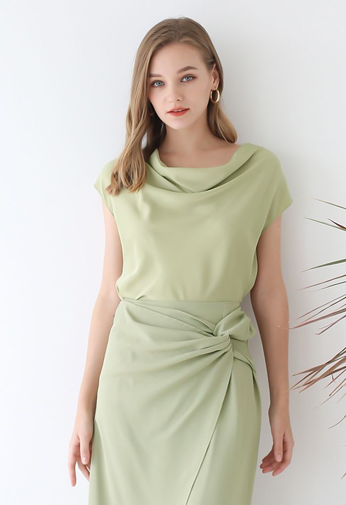 Ruched Drape Satin Sleeveless Top in Pistachio