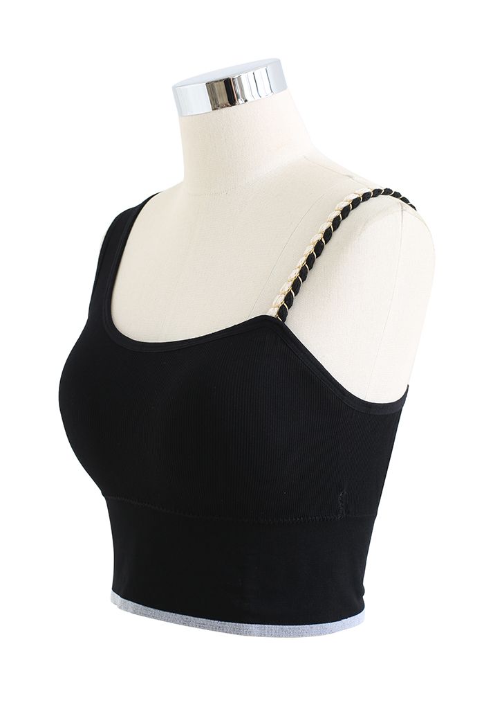 Distinctive Straps Ribbed Bra Top in Black