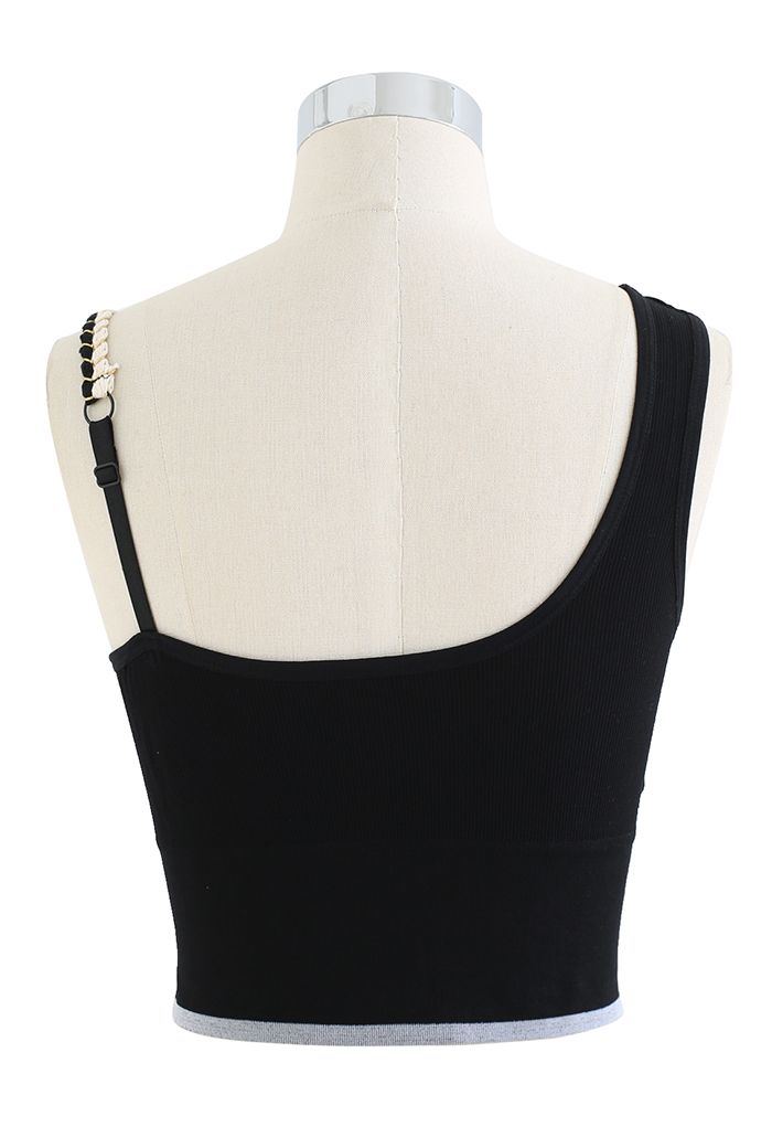 Distinctive Straps Ribbed Bra Top in Black