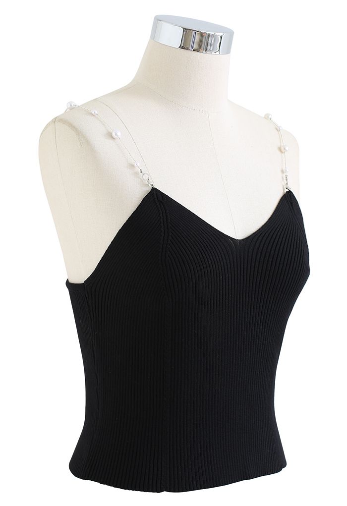 Cropped Knit Pearly Tank Top in Black