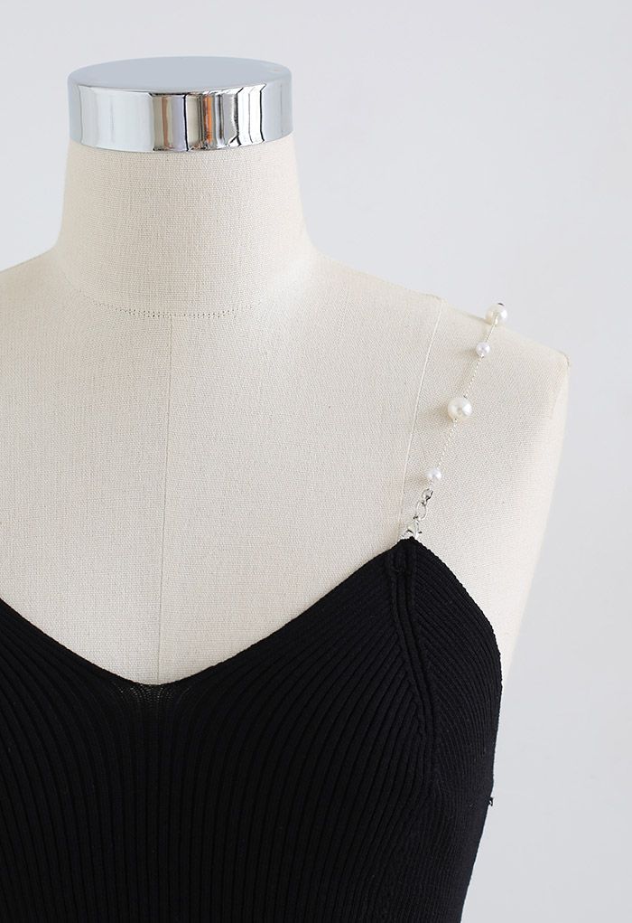 Cropped Knit Pearly Tank Top in Black