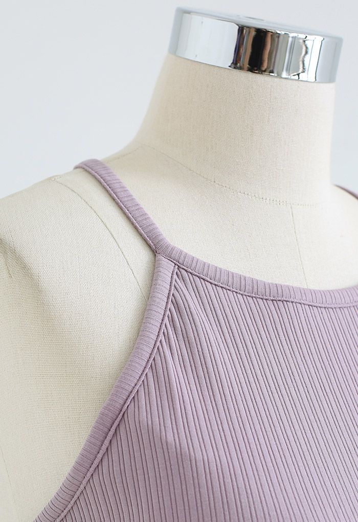 Halter Neck Racer Back Ribbed Top in Lilac