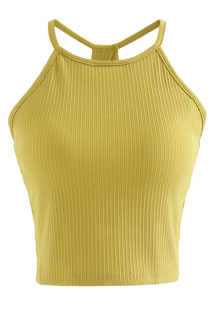 Halter Neck Racer Back Ribbed Top in Mustard