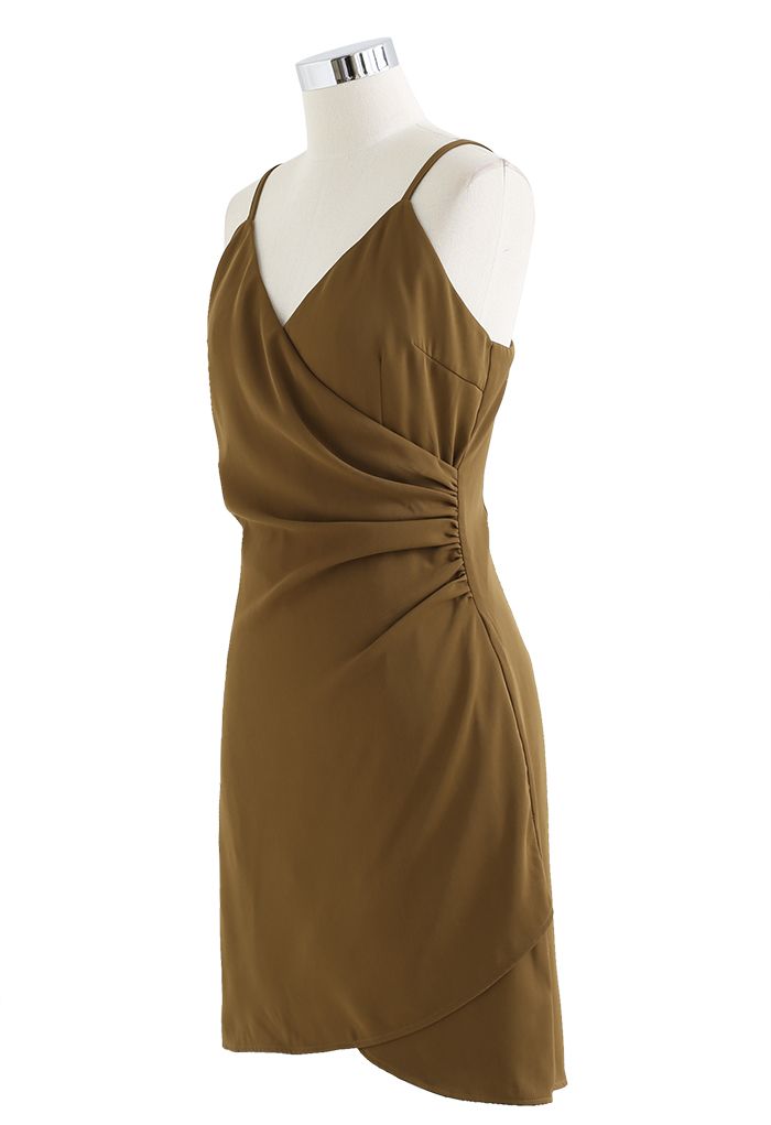 Wrap Bust Ruched Asymmetric Cami Dress in Khaki