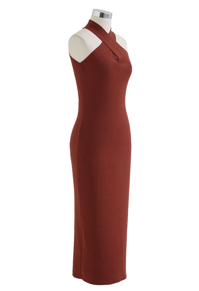 Crisscross Halter Neck Bodycon Knit Dress in Burgundy