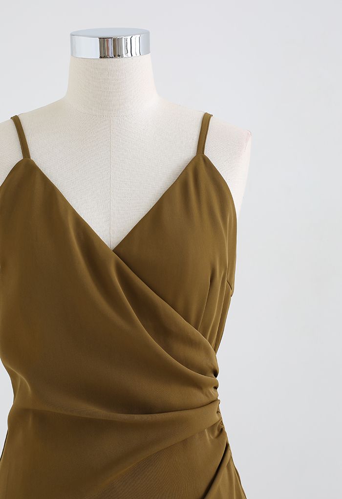 Wrap Bust Ruched Asymmetric Cami Dress in Khaki