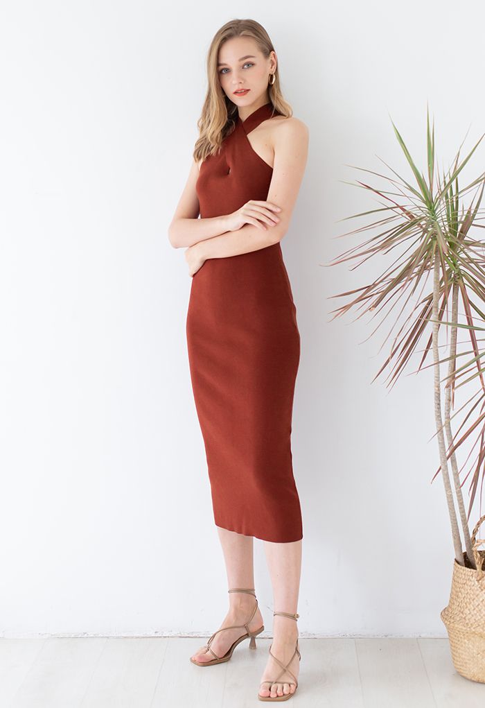 Crisscross Halter Neck Bodycon Knit Dress in Burgundy