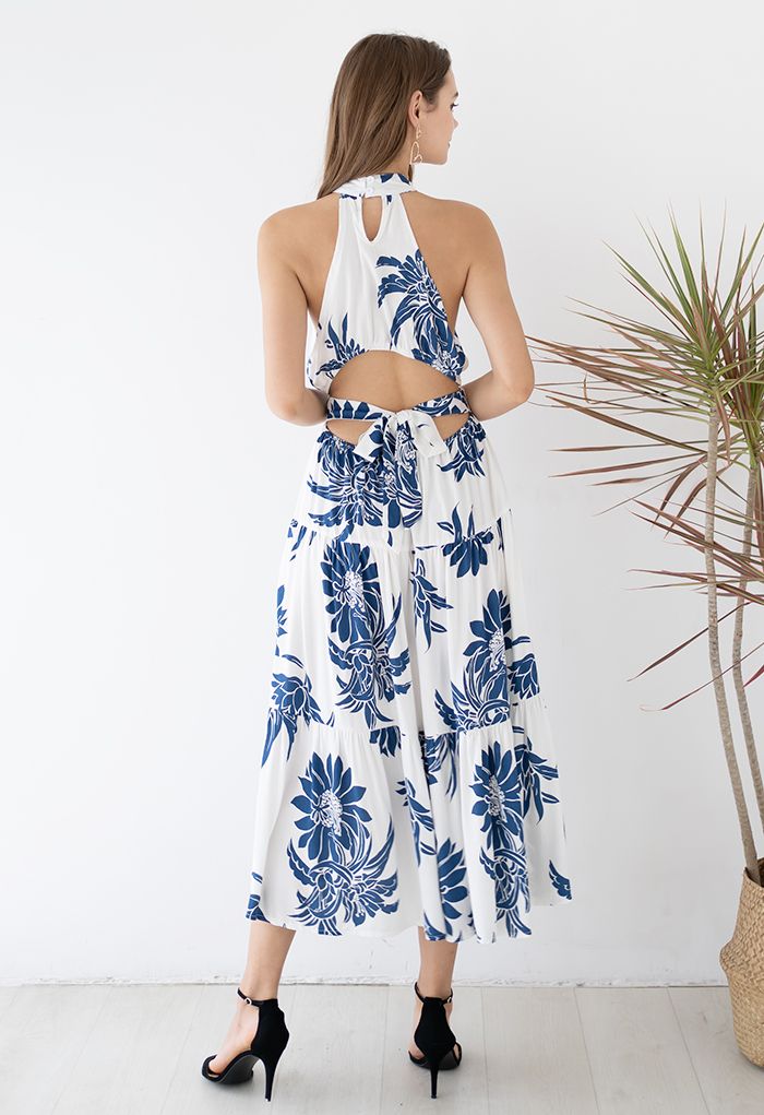 Indigo Floral Cutout Back Halter Neck Dress