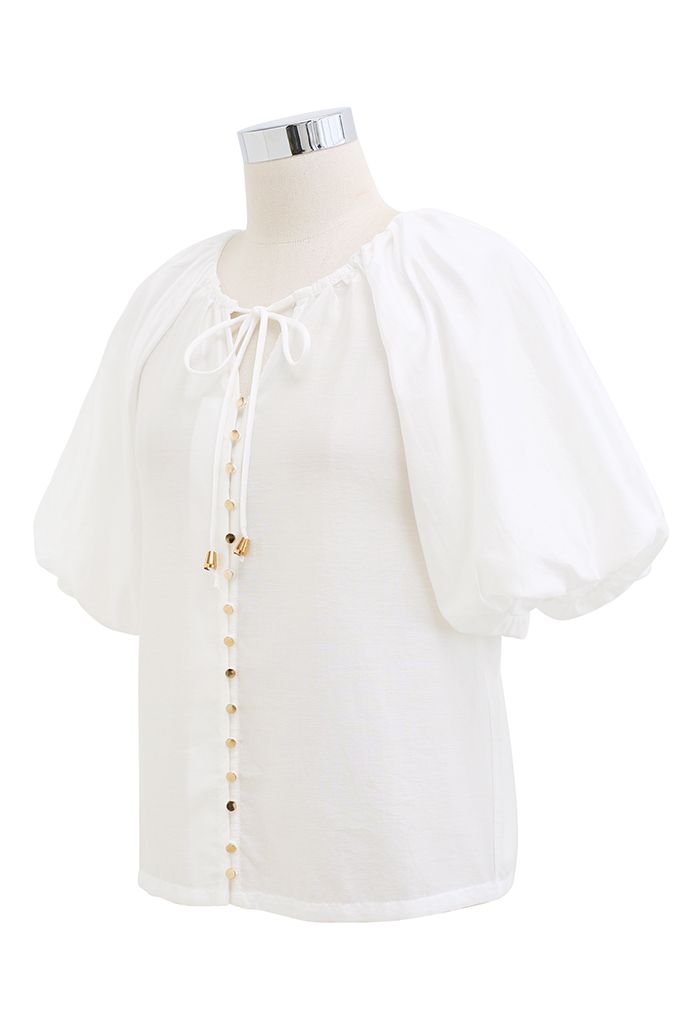 Button Down Bubble Sleeve Top in White