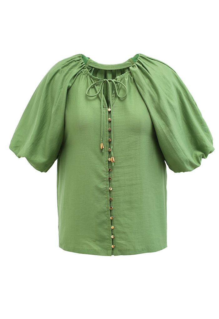 Button Down Bubble Sleeve Top in Green