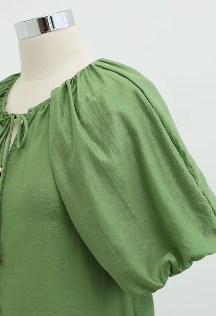 Button Down Bubble Sleeve Top in Green