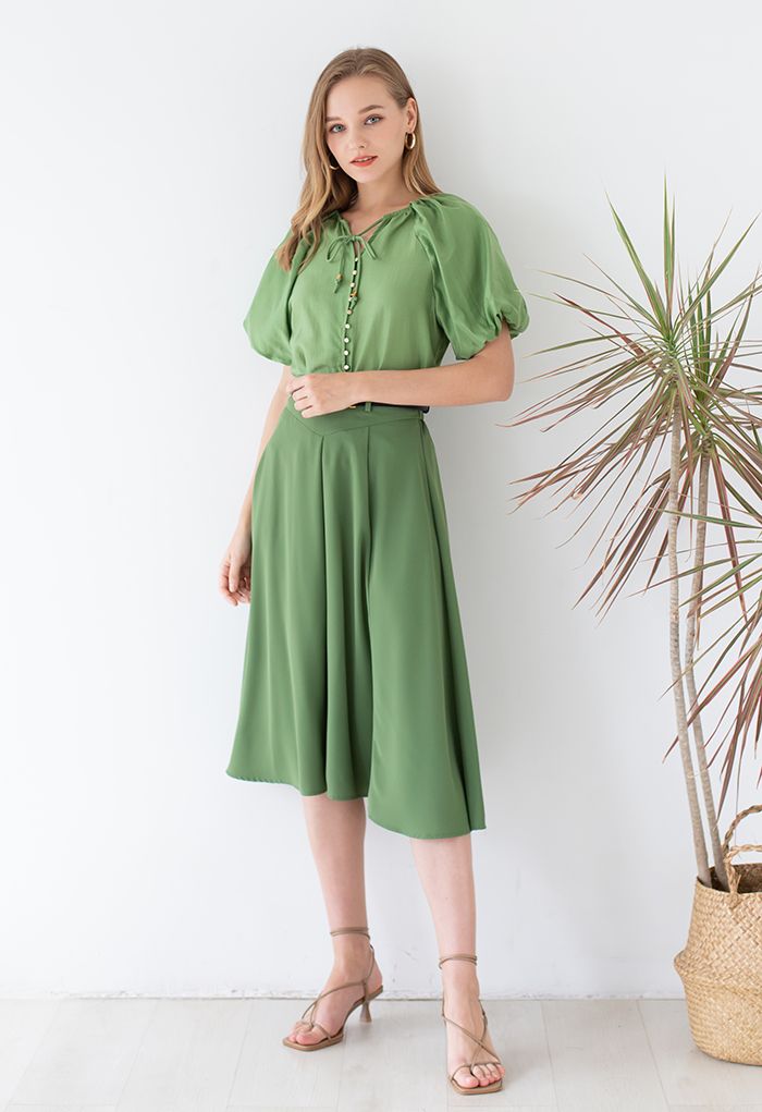 Button Down Bubble Sleeve Top in Green