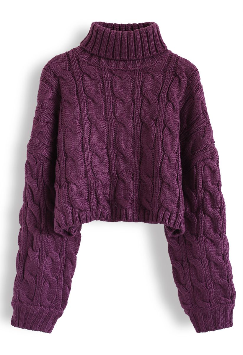 Turtleneck Braid Knit Crop Sweater in Berry