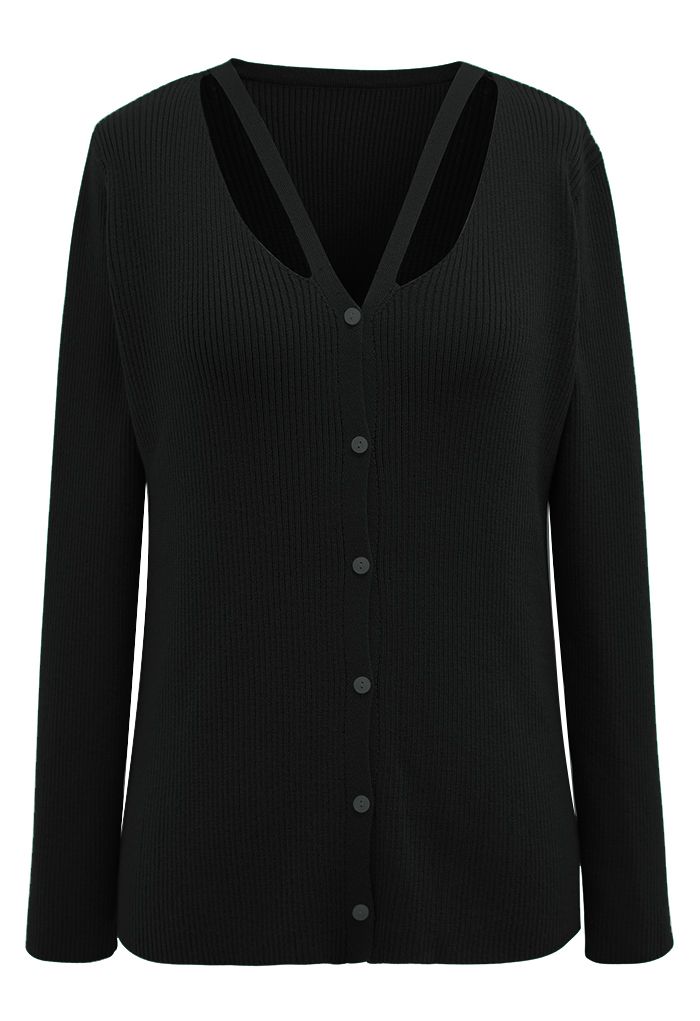 V-Neck Cutout Cozy Knit Top in Black