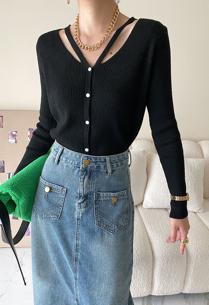 V-Neck Cutout Cozy Knit Top in Black