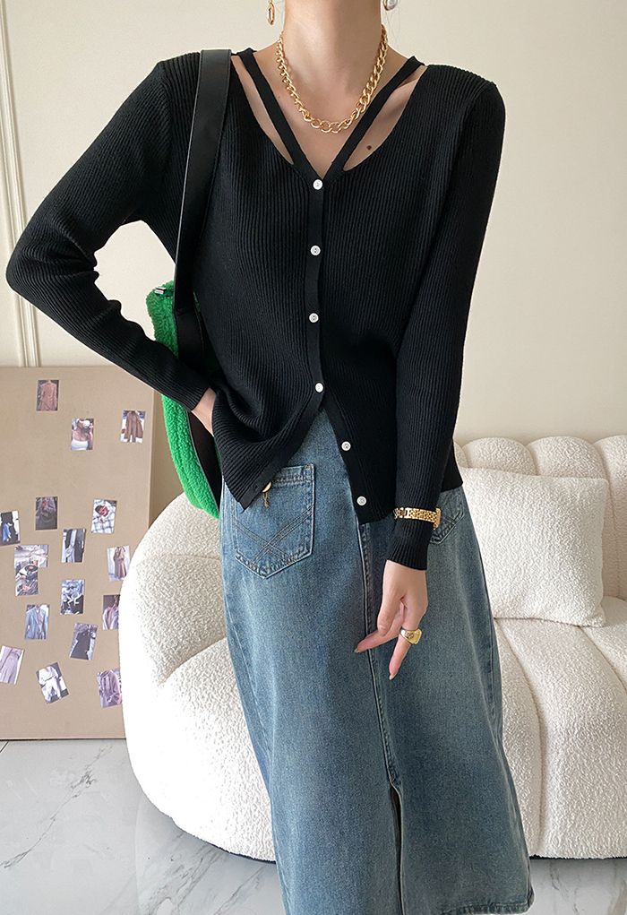 V-Neck Cutout Cozy Knit Top in Black