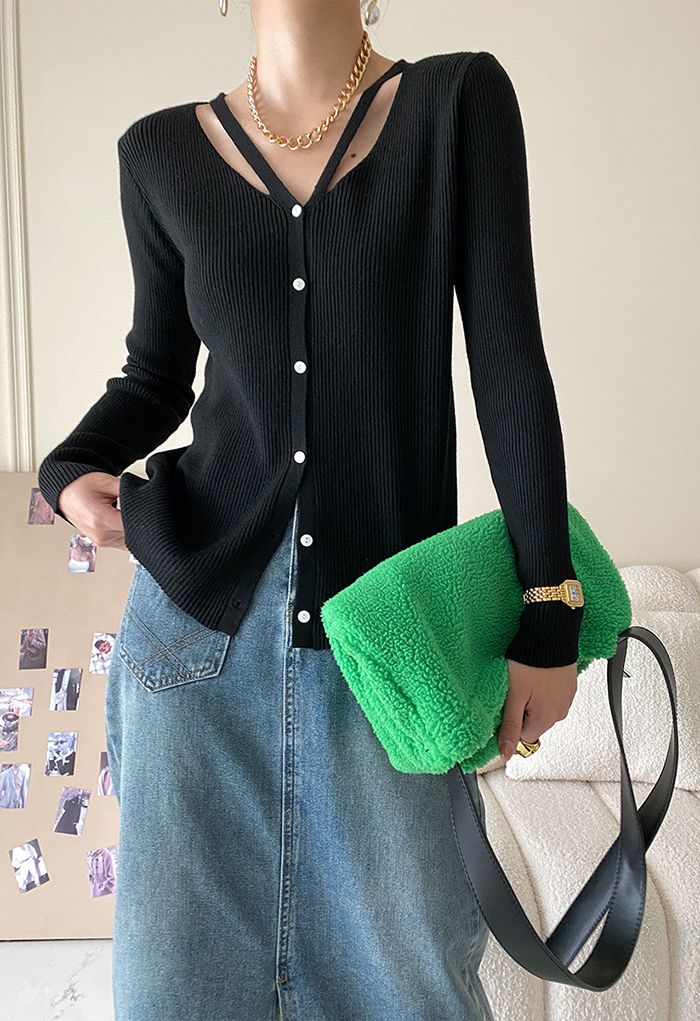 V-Neck Cutout Cozy Knit Top in Black