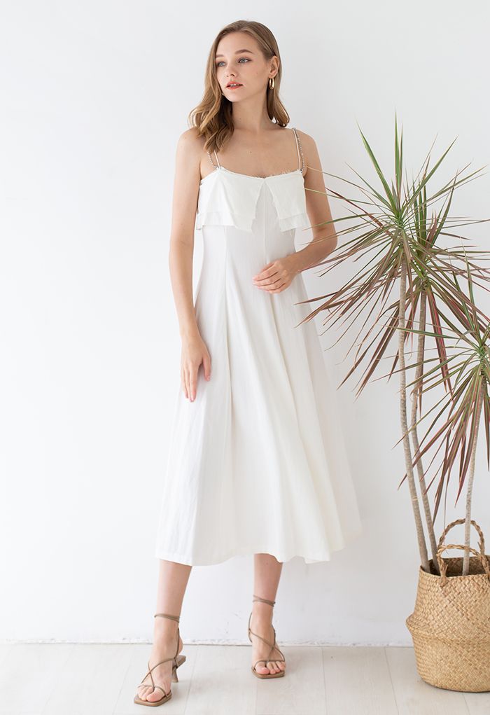 Double Straps Flap Linen Cami Dress in Ivory