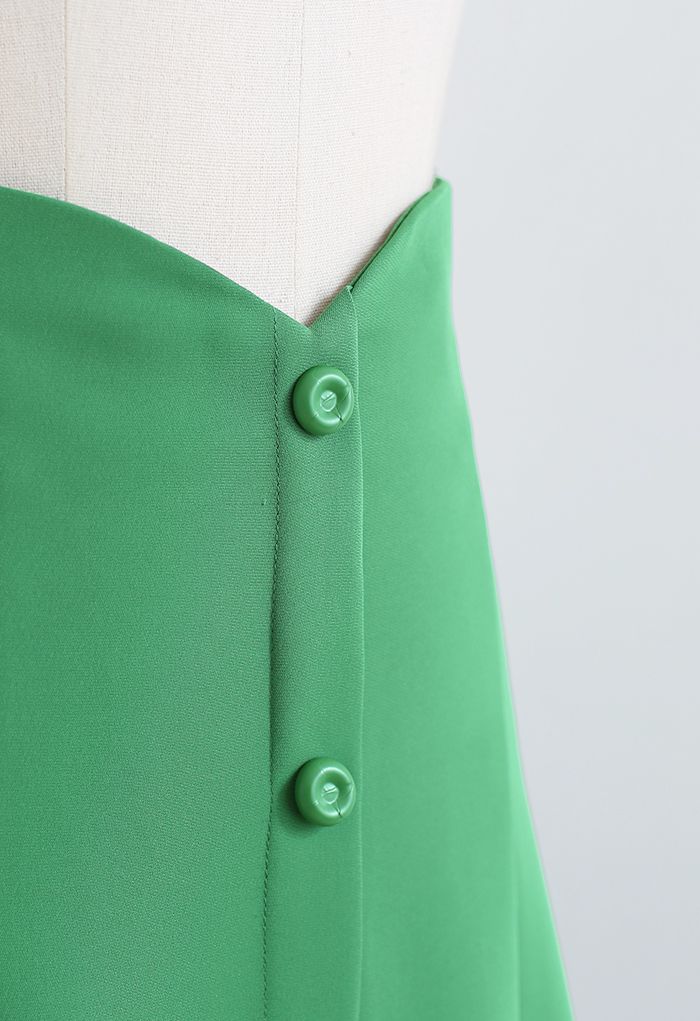 Buttons Trim High Waist Flare Midi Skirt in Green