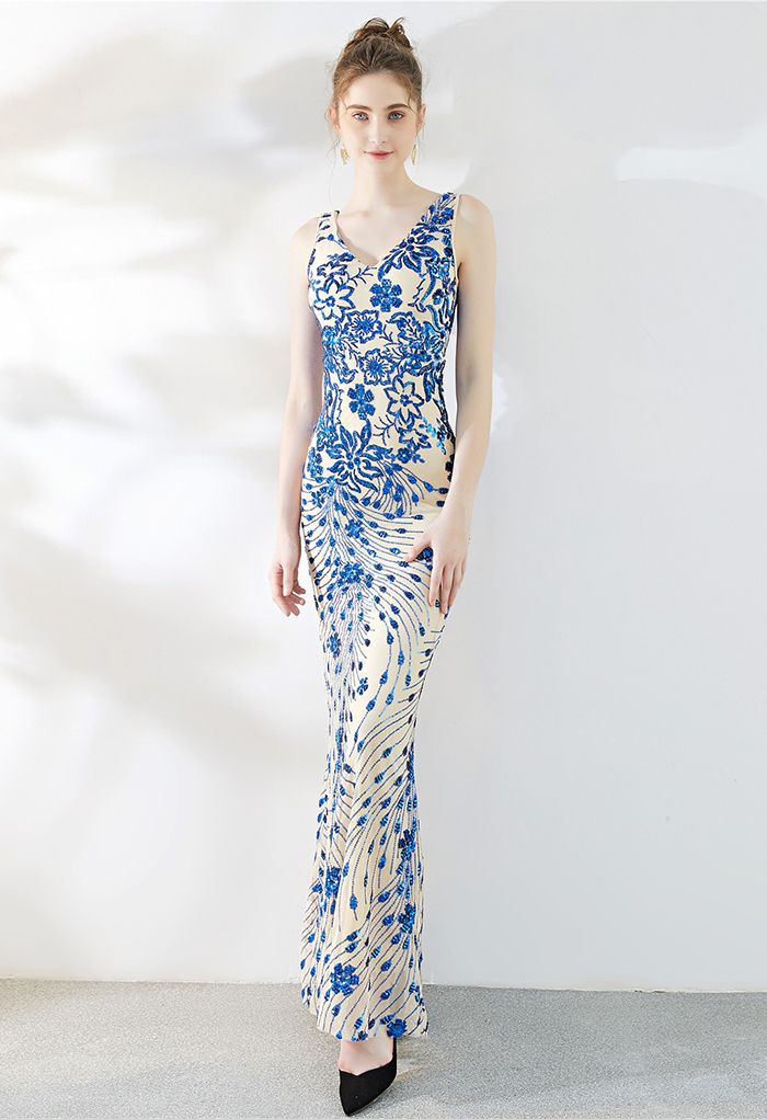 Floral Vine Sequined Mesh Mermaid Gown in Indigo