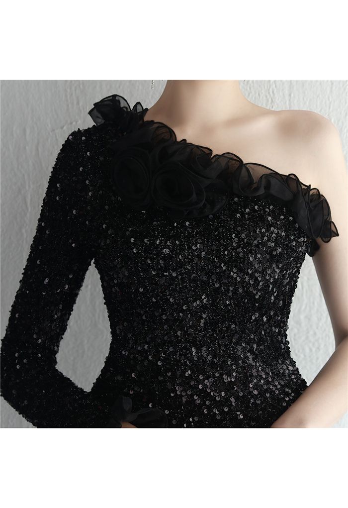 One-Shoulder Organza Trim Sequined Gown in Black