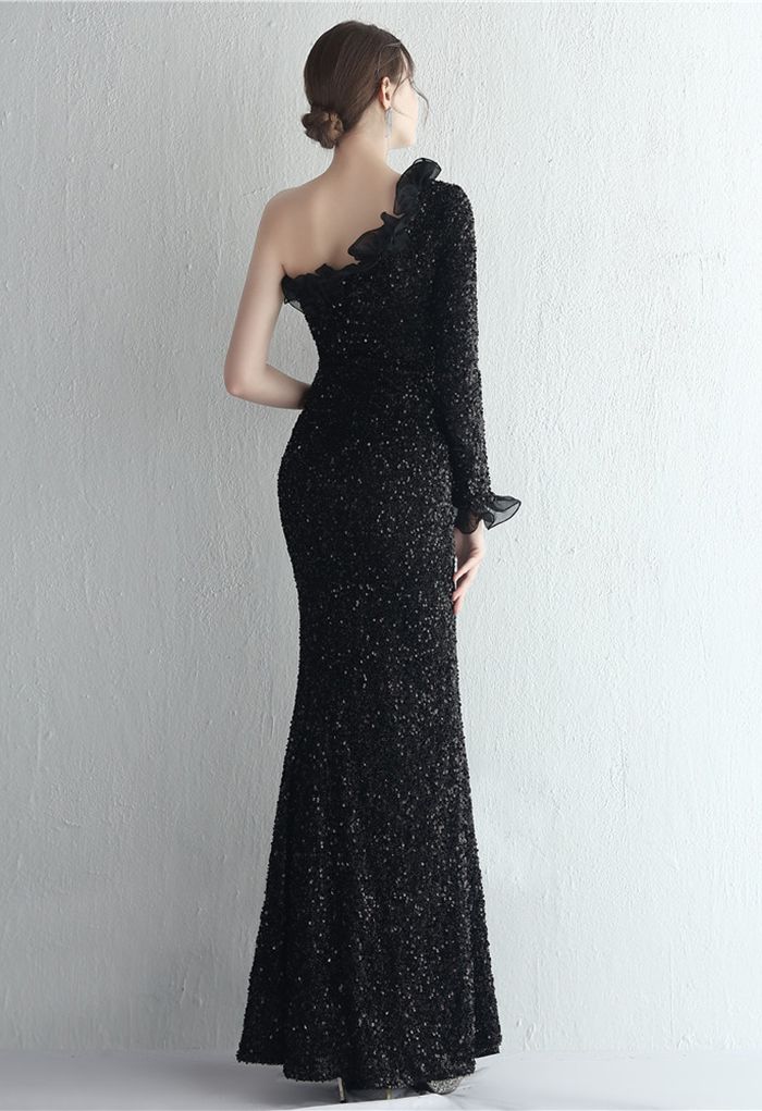 One-Shoulder Organza Trim Sequined Gown in Black